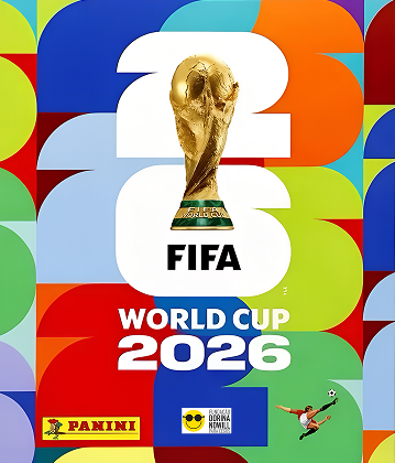 Capa do Livro Ilustrado Oficial FIFA World Cup 2026, com troféu da Copa do Mundo ao centro, logotipos Panini e jogador chutando bola